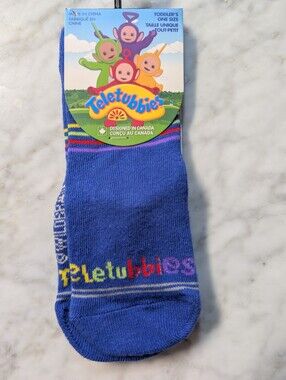 🆕 Teletubbies Toddler Crew Socks - Blue with Multicolor Logo & Stripes One Size